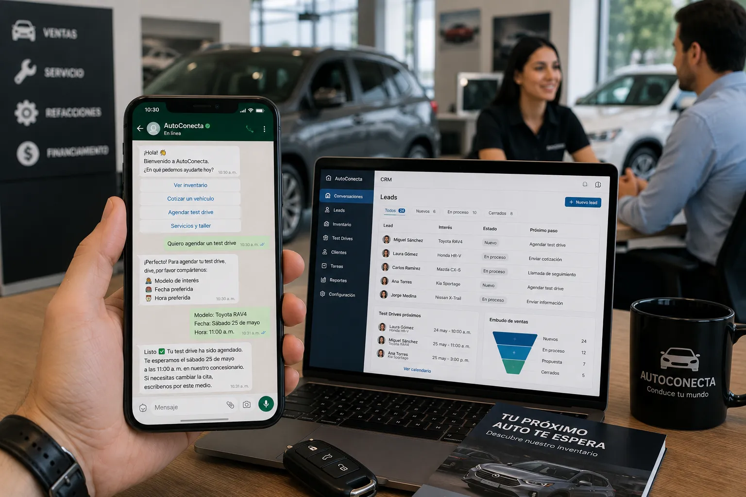 Concesionario de autos con leads y test drives agendados en el CRM, y conversación de WhatsApp con un cliente