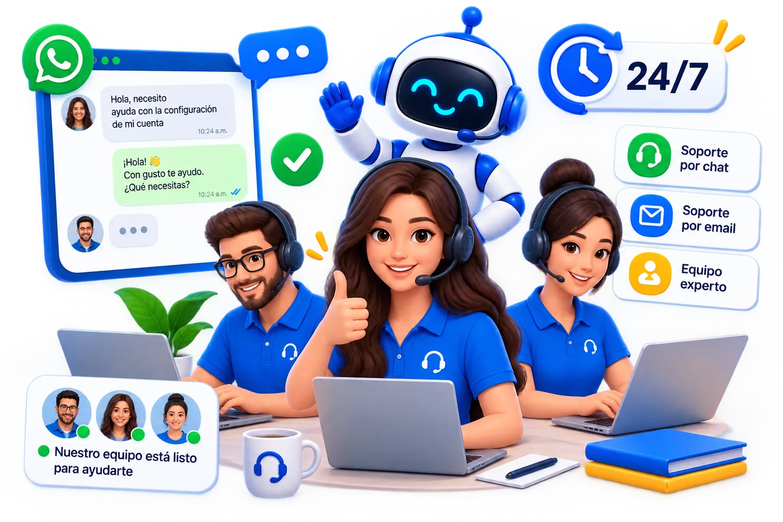 Equipo de soporte con chatbot atendiendo por WhatsApp, chat, email y disponibilidad 24/7