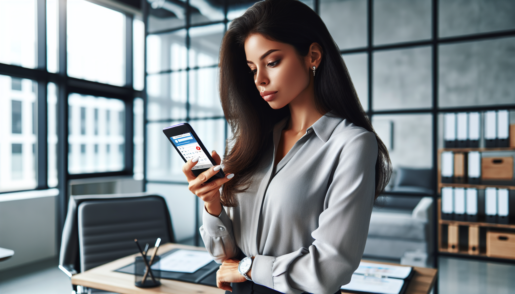Propietario de negocio usando smartphone con app de calendario y notificaciones de WhatsApp en oficina moderna.