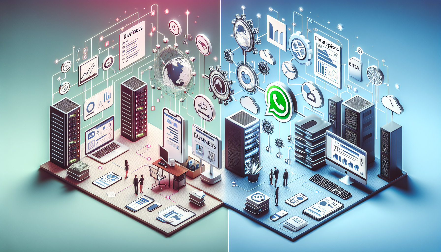 Comparación entre WhatsApp Business App y API de Meta mostrando configuración para pequeñas empresas e integración empresarial.