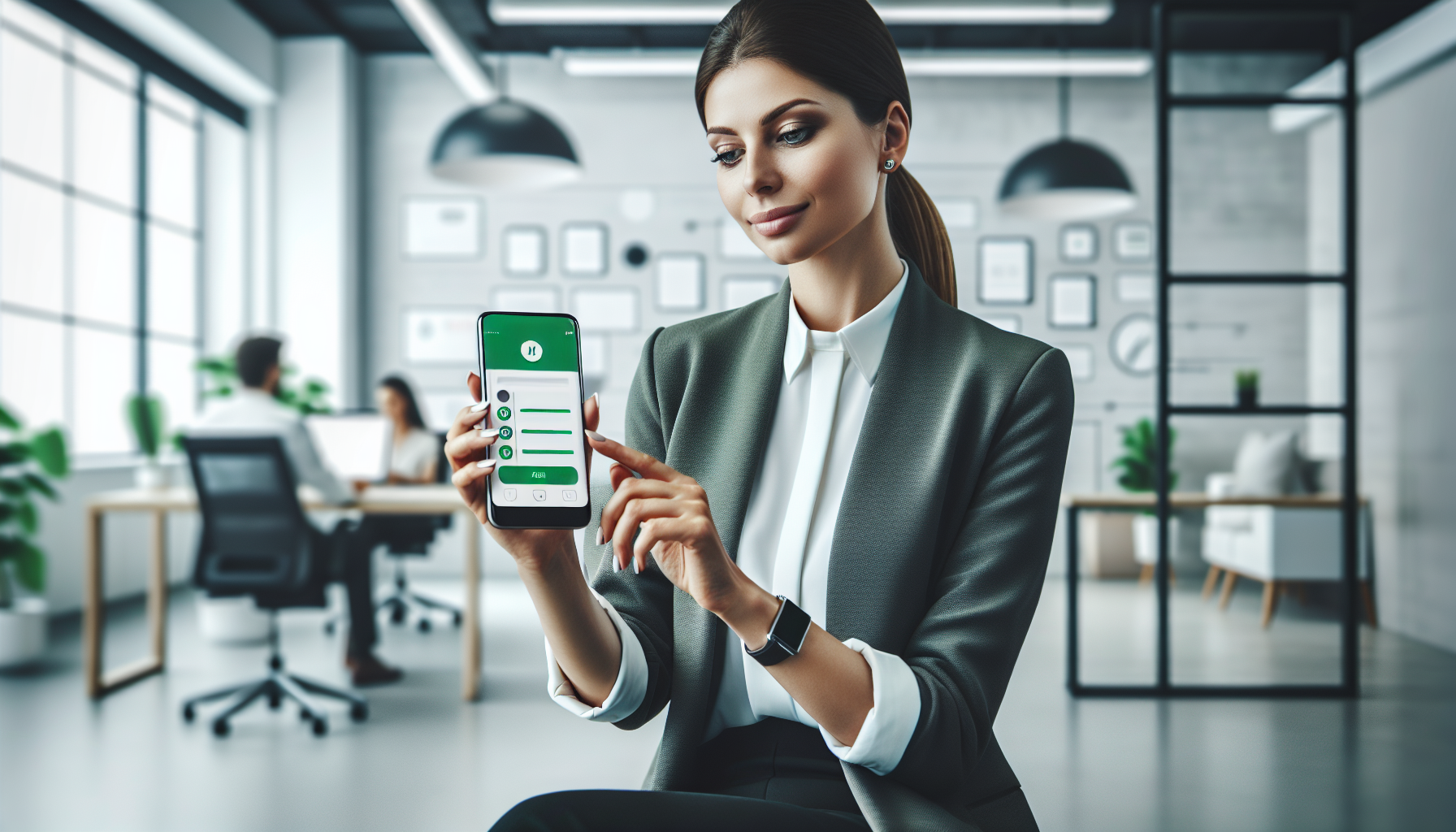 Dueño de negocio usando WhatsApp para marketing en oficina moderna