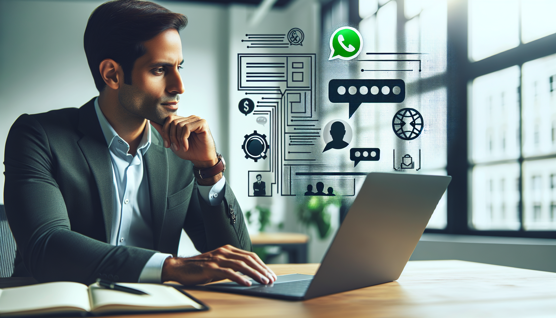 Dueño de negocio evaluando estrategia de WhatsApp Marketing en un entorno profesional.