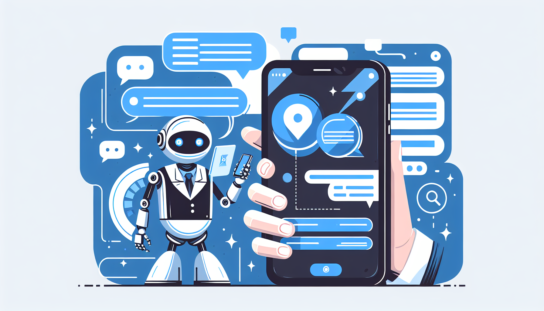 Ilustración de un chatbot interactuando en un smartphone con WhatsApp.