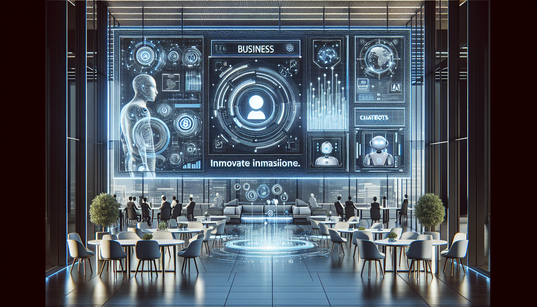 Interfaz digital futurista con chatbots y elementos de IA