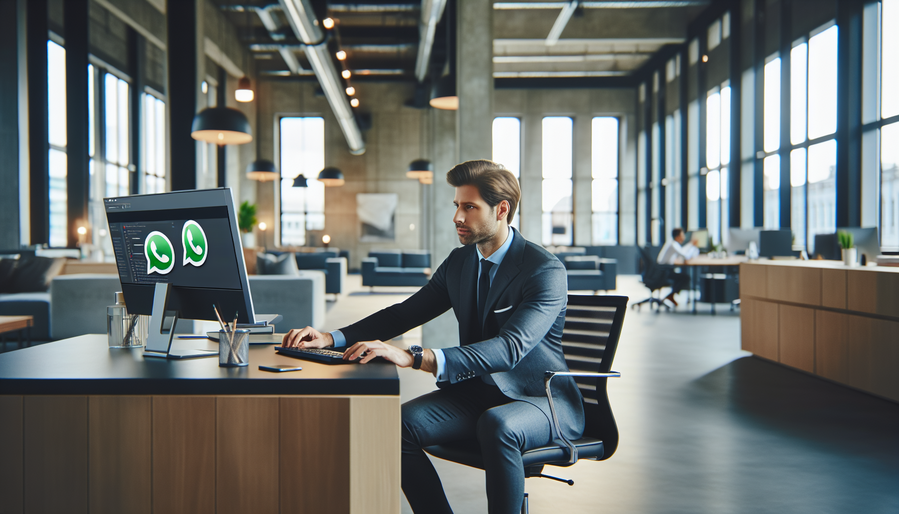 Dueño de negocio integrando WhatsApp con HubSpot en oficina moderna.