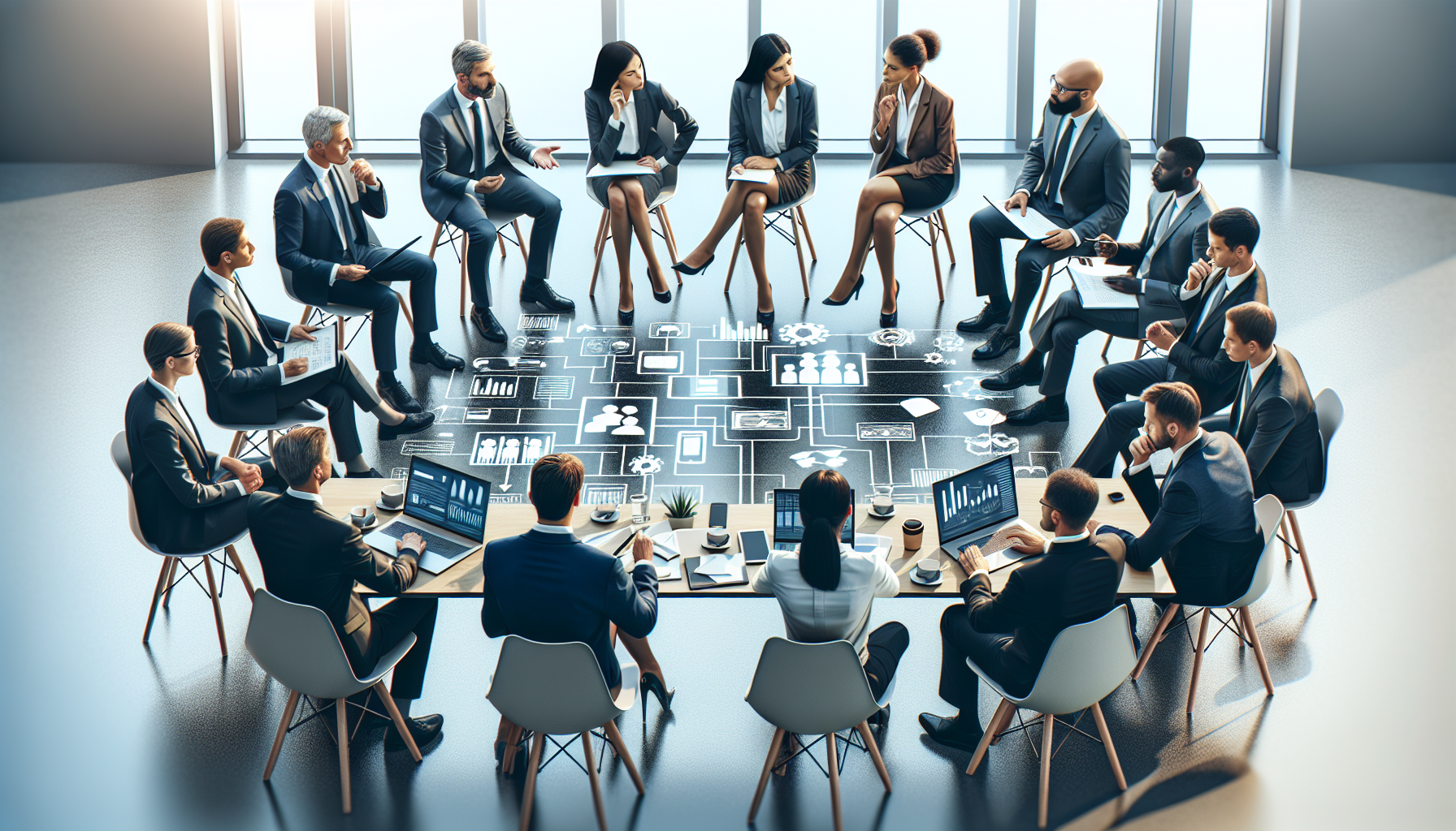 Reunión de negocios discutiendo estrategias de comunicación digital