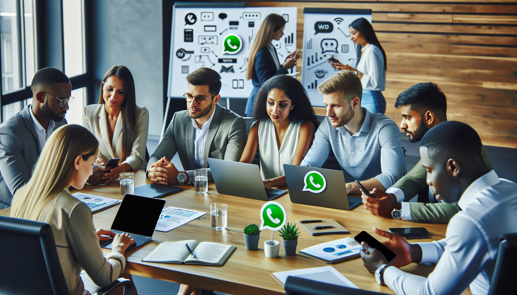 Grupo diverso de emprendedores discutiendo estrategias de marketing en WhatsApp en una oficina moderna.