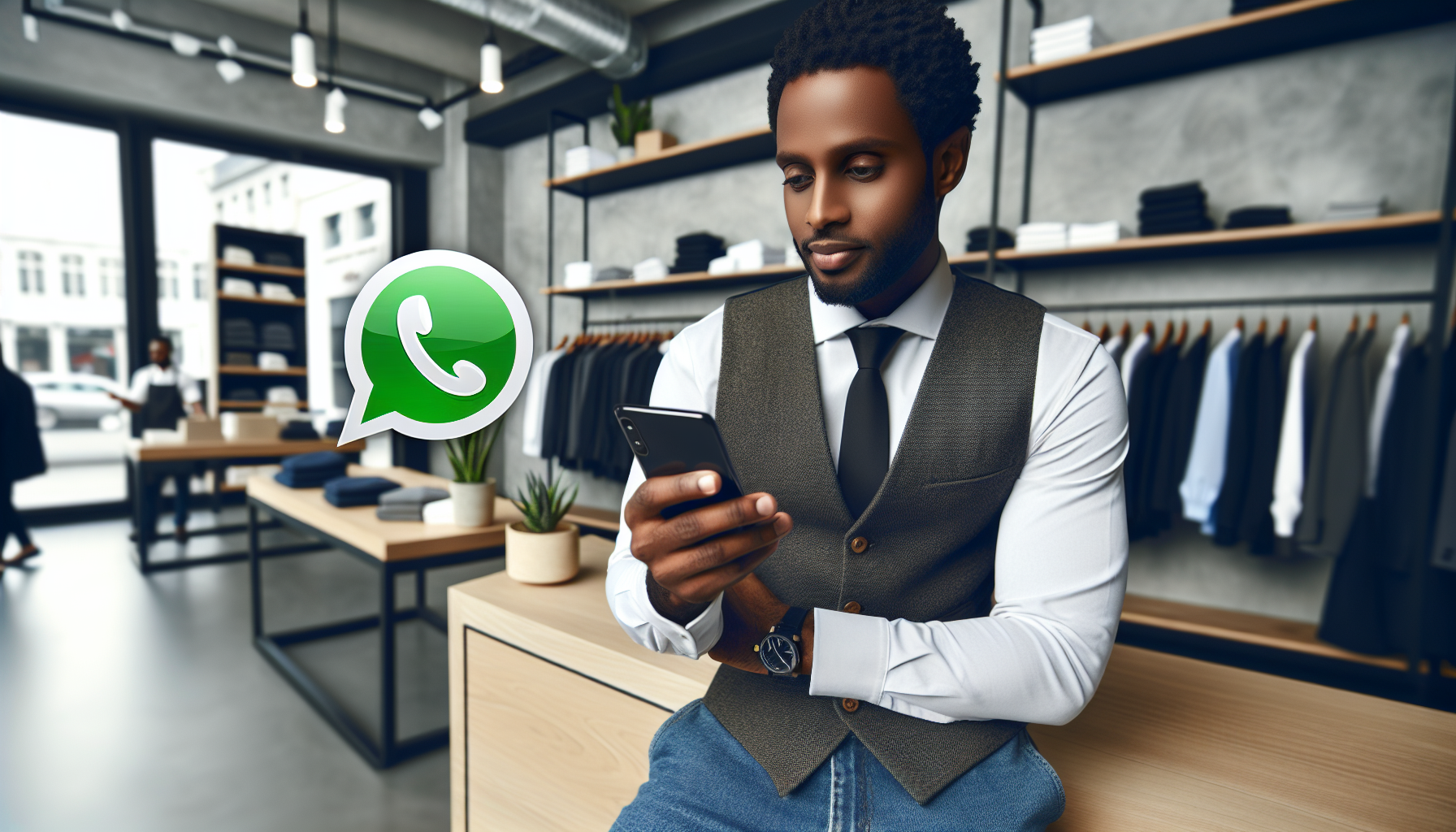 Propietario de tienda utilizando WhatsApp Business en un entorno de tienda moderna, centrado en la atención al cliente.