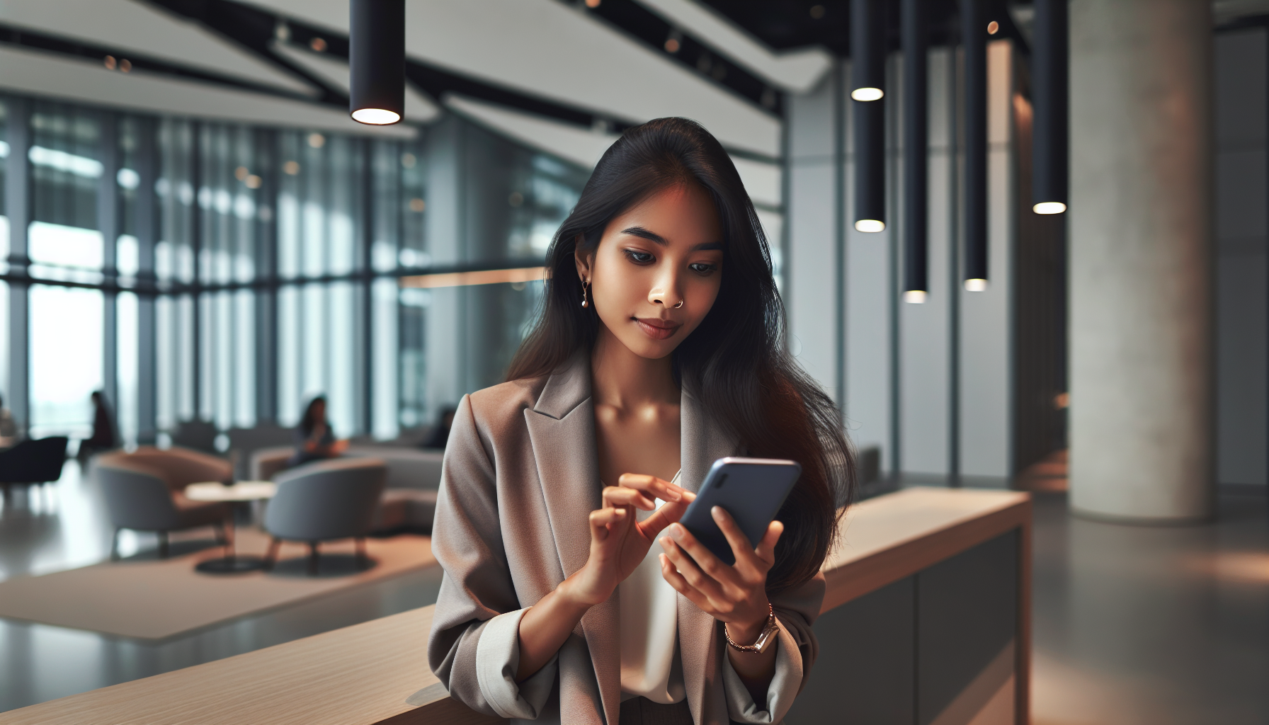 Pequeño empresario utilizando WhatsApp para marketing en una oficina moderna.